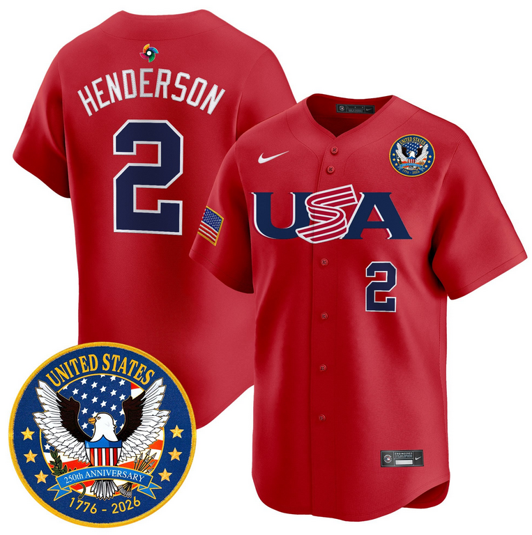 Men Team USA World Baseball Classic 250th Anniversary #2 Henderson red 2026 Roster Patch Vapor Jersey->los angeles dodgers->MLB Jersey